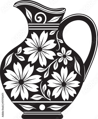 Black and white floral patterned jug illustration pitcher