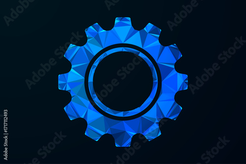 Futuristic low poly glowing blue gear icon with polygonal mesh design, modern technology settings symbol on dark background