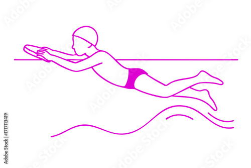 Minimalist black and white line art illustration of a beginner swimmer practicing butterfly basics, holding a kickboard while performing dolphin kick with both legs together in wave-like motion