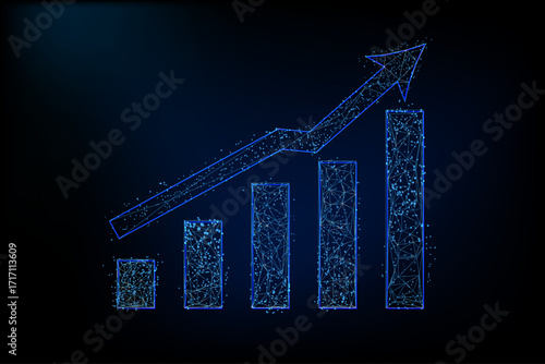 Futuristic low poly glowing blue bar chart with upward arrow, digital polygon mesh design representing growth, progress, success, and business development on a dark background.
