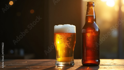 Premium Editorial Style Image of Amber Beer Bottle and Frothy Lager in Crystal Clear Glass on Textured Tabletop - Perfect for Stock Photography with Empty Space for Text