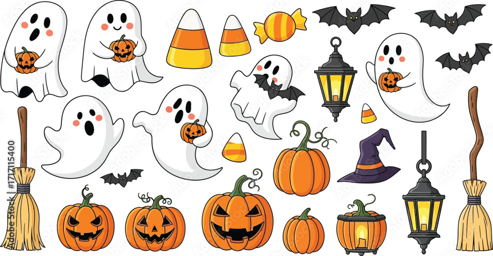 custom made wallpaper toronto digitalCute halloween cartoon elements with ghosts pumpkins and bats