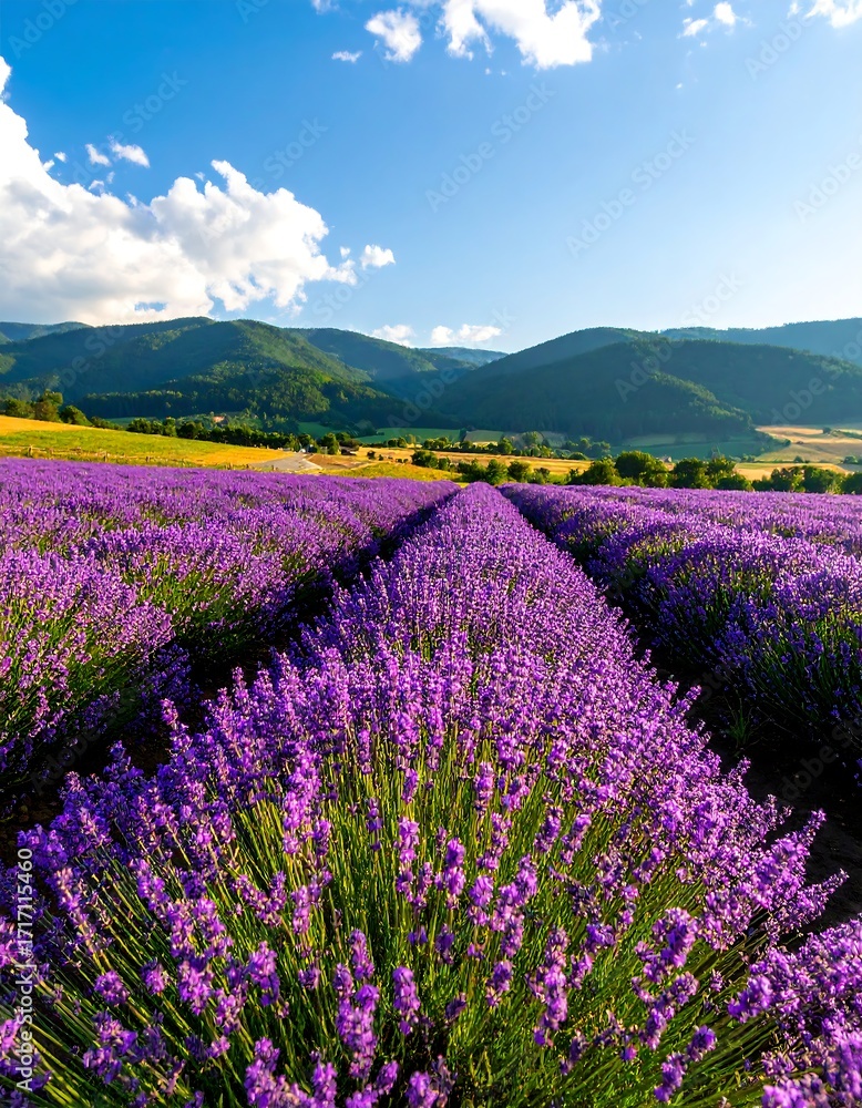 Naklejka premium Lavender field stretching to mountains
