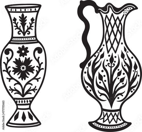 Black and white floral patterned vases and pitcher