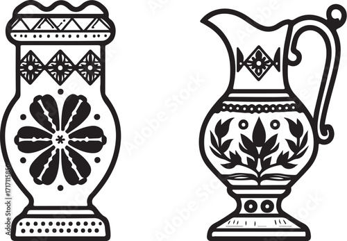 Black and white folk art style pitcher and vase ceramic