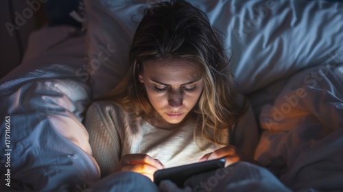 A young woman lying in bed with a tablet, engrossed in a video game.