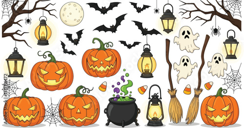 Spooky halloween scene with pumpkins ghosts and bats at night