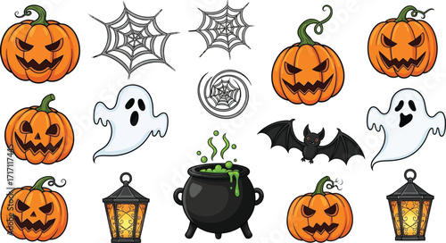 Halloween themed cartoon icons featuring pumpkins and ghosts