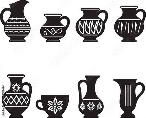 Black ceramic vases and jug collection with decorative patterns