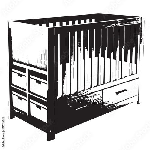 Black crib with storage Silhouette Vector, High Quality Illustration on White Background