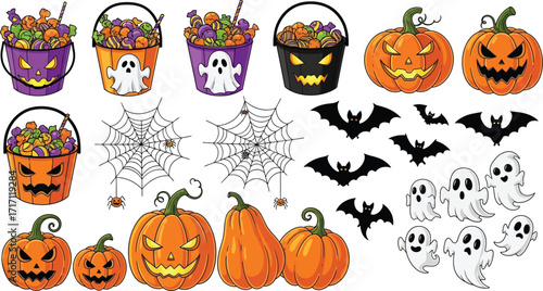 Halloween elements including pumpkins bats ghosts and candy