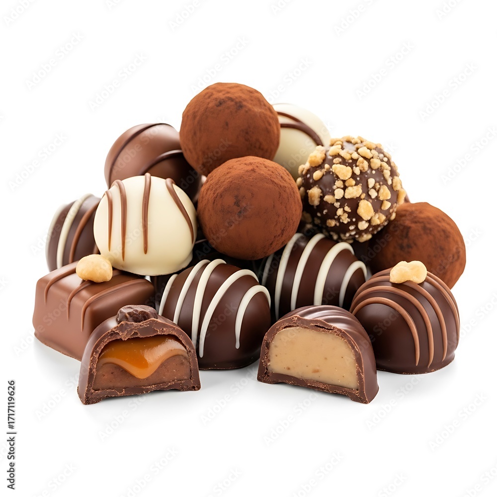 Fototapeta premium A delightful array of assorted chocolate truffles and bonbons, showcasing various textures, colors, and fillings against a plain white background.