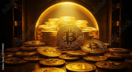 Vault filled with physical Bitcoins stacked like treasure, light shining dramatically, symbol of digital fortune and crypto investment