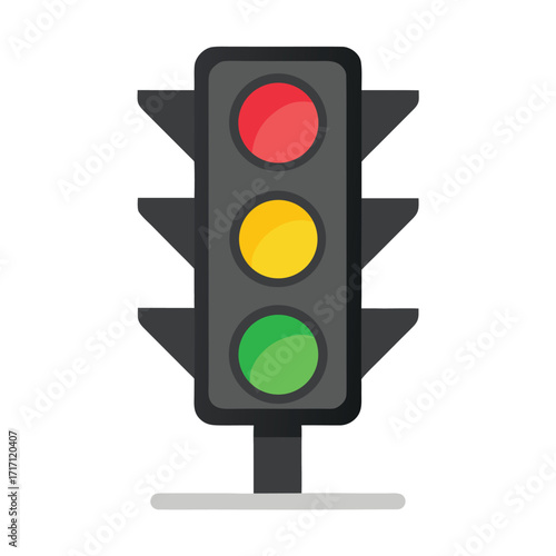 Isolated Traffic Light with Red, Yellow, and Green Signals Against White Background