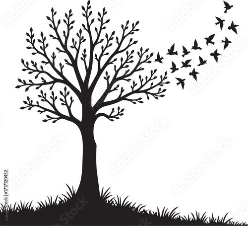 Black silhouette of a bare tree with birds flying away
