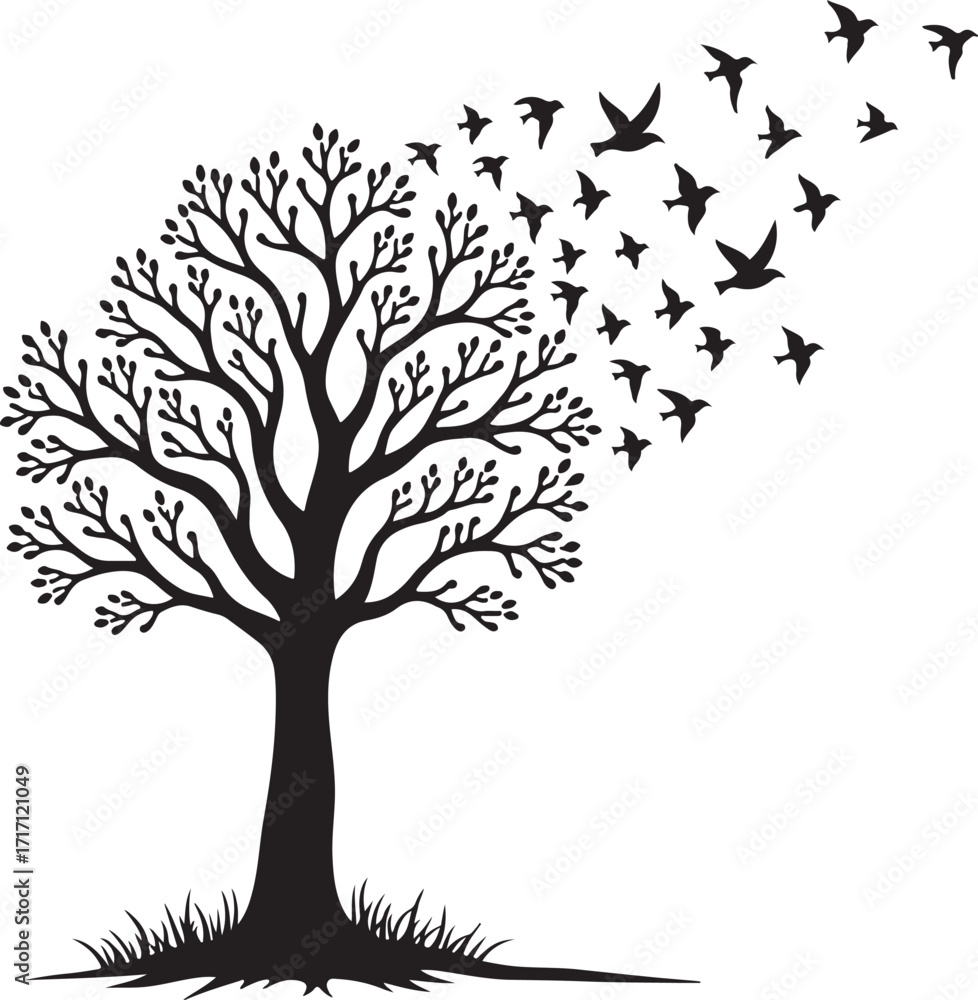 Obraz premium Black silhouette of a bare tree with birds flying from branches