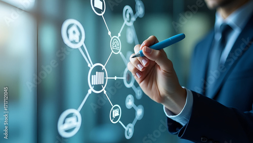 Supply Chain Economics Forecast: Visualizing Production, Distribution, and Consumption Linkages on a Glass Whiteboard - Industry Consultant Insights with Interconnected Nodes
