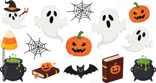 Halloween themed vector art featuring ghosts and pumpkins