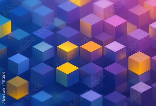 A vibrant geometric pattern of overlapping cubes in shades of blue, purple, and yellow, creating a dynamic and three-dimensional visual effect.