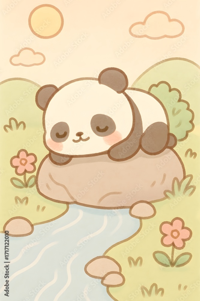 Fototapeta premium A cute cartoon drawing of a small cat sleeping in a bread basket. Use pastel colors, soft thin outlines, in Japanese Kawaii style.