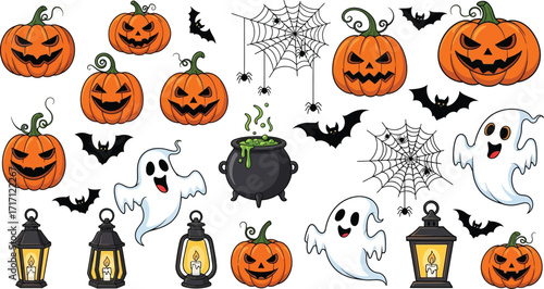 Halloween themed vector illustration with pumpkins and ghosts