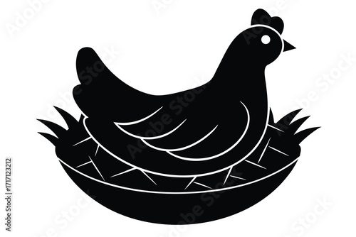 Monochrome Illustration of Hen Nesting in a Woven Basket, Simple Black Silhouette
