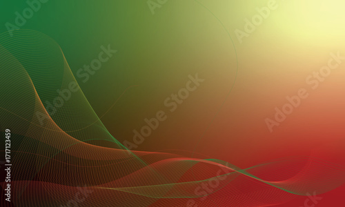  Vector art of abstract flowing lines with a gradient background transitioning from deep green to vibrant red and yellow