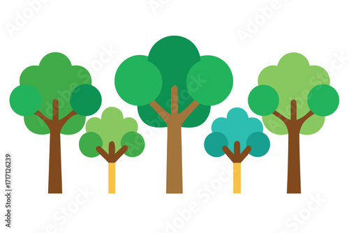 Simple Forest Illustration with Green and Teal Trees on White Background, Flat Design