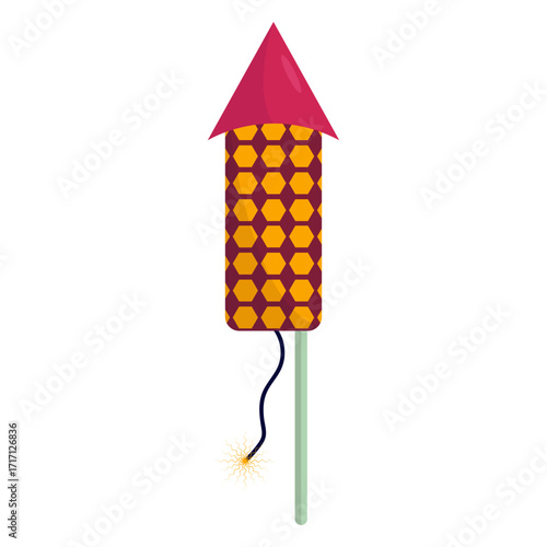 Colorful rocket-shaped firework with hexagonal patterns, set against a plain background for festive celebrations