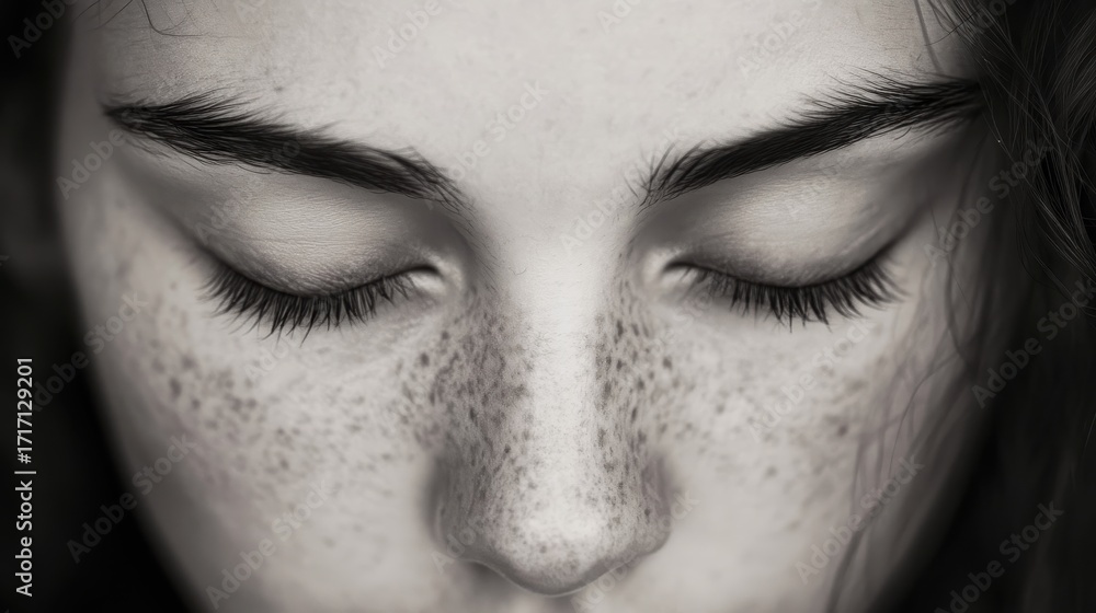 Obraz premium Close-up of a young person with closed eyes and freckles, capturing a moment of reflection and serenity in soft light