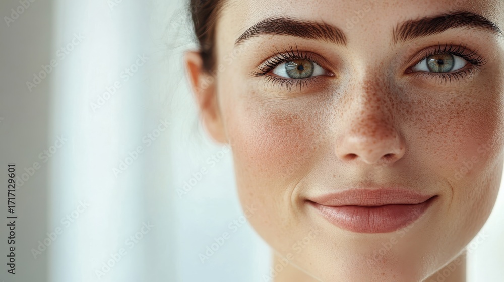 Naklejka premium Young woman with freckles and bright green eyes smiles warmly in soft natural light by the window during the daytime