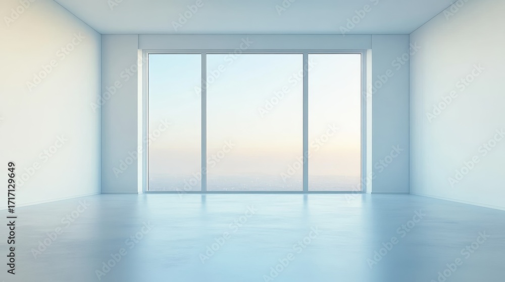 Fototapeta premium Modern empty room with large glass windows offering a view of a serene sunrise over the horizon