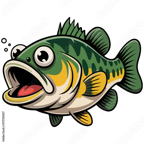Bass Fish Vector Illustration for Fishing Logo Design, Seafood Mascot Character and Freshwater Animal Clipart