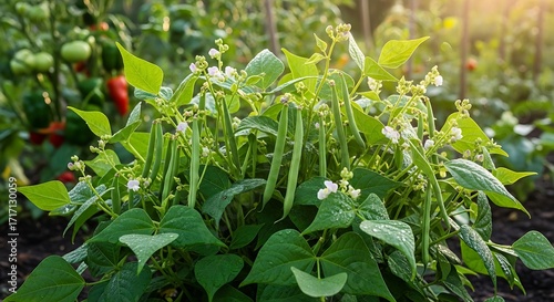 Green Bean Plants Growing in Garden.
