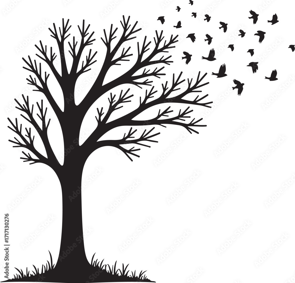 Fototapeta premium Black silhouette of bare tree with flock of birds flying away
