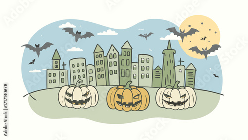 Spooky halloween cityscape with grinning jack o lanterns and flying bats under a full moon and cloudy sky