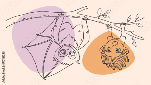 Cute cartoon bat and child hanging upside down from a tree branch with colorful abstract shapes
