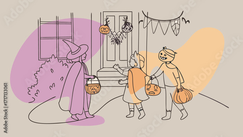 Children in halloween costumes trick or treating at a decorated house with pumpkins and festive banners on a fall evening