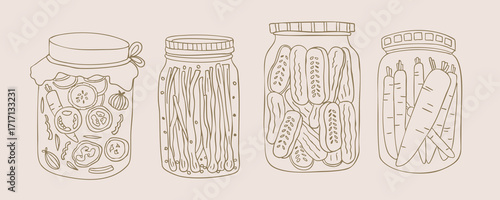 Pickle jar with cucumber,carrot preserved vegetables doodle style.vector illustration for food design