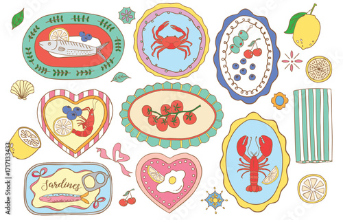 Vintage pastel sardines, lobster on plate, fruit bowl collection set in retro cartoon vector illustration style for summer party fashion design