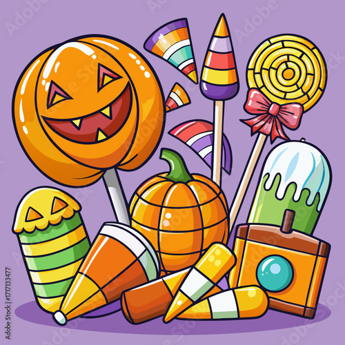 A colorful assortment of halloween candies including pumpkin lollipops candy corn and festive treats on a purple background