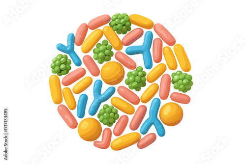 Gut microbiome science concept. 3D render of probiotics, good bacteria. Bifidobacterium, lactobacillus, streptococcus. Healthy intestinal flora for digestive system support.