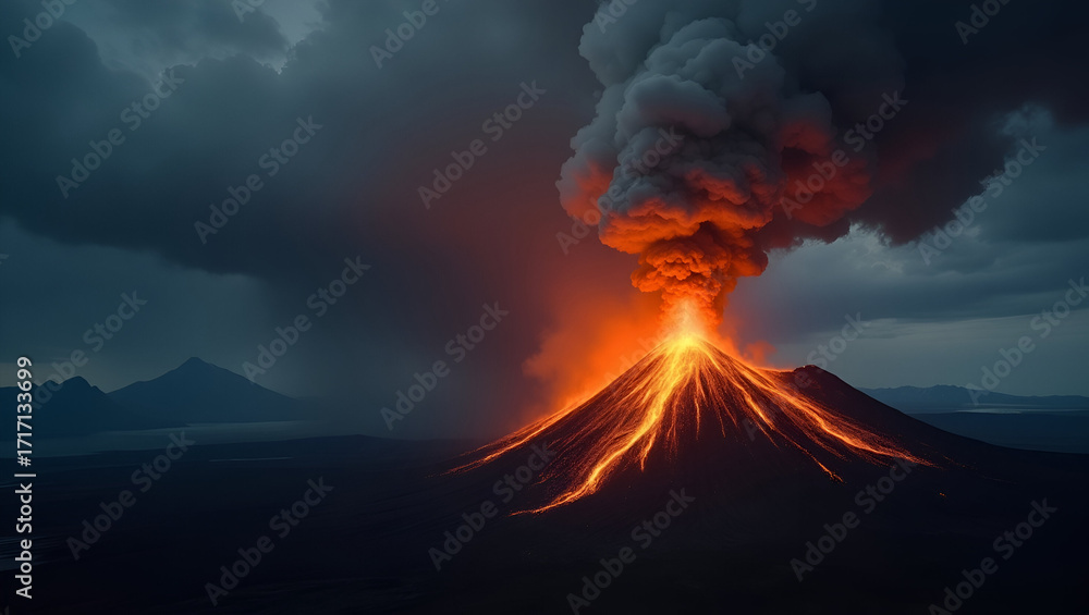 Fototapeta premium Stunning Volcano Eruption Photo: Capture Fiery Ash Clouds and Eruptions Under Stormy Skies - High-Impact Stock Image with Space for Text