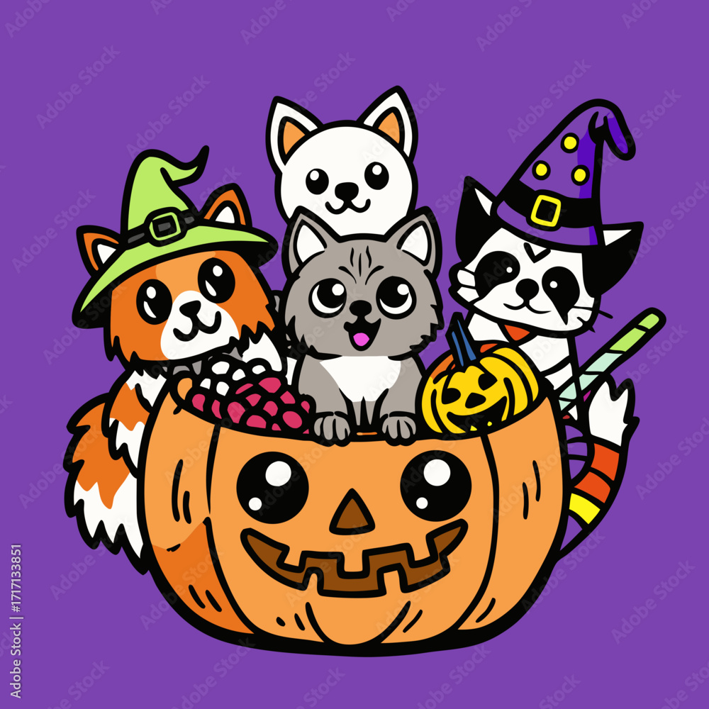 Fototapeta premium Adorable cartoon halloween cats and fox dressed in costumes sitting inside a carved pumpkin overflowing with candy and treats