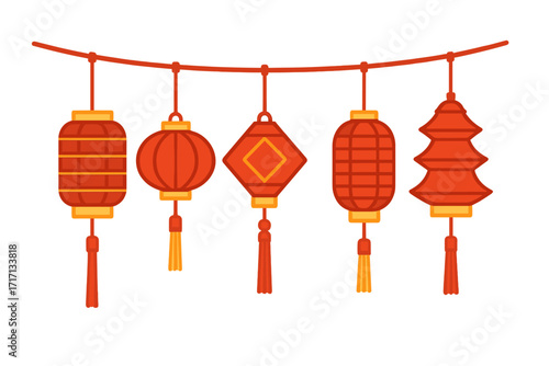 Chinese lanterns set. Red paper lamps decoration hanging on a string for China New Year. Traditional Asian flat geometric decor with tassels. Lunar holiday festival lights.