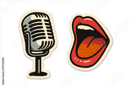 Retro music vector illustration with stage microphone and yelling open mouth. Pop art style stickers for rock and roll concert poster, podcast emblem or karaoke night flyer design.