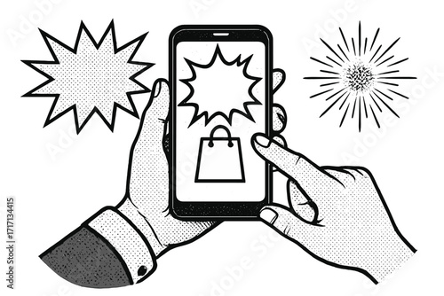 Online shopping and mobile e-commerce concept. Hand holding phone and ordering product. Sale promotion, special offer. Retro pop art, halftone comic style vector illustration.