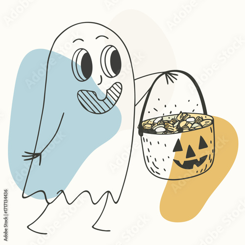 Cute cartoon ghost character holding a jack o lantern candy bucket filled with treats on a minimalist background with abstract shapes