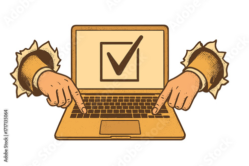 Online voting and e-voting concept. Hands from torn paper holes use a laptop for a digital election. Retro halftone collage style vector banner for internet polling and democracy.