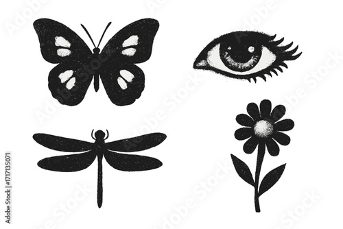 Y2K grunge elements set with retro photocopy texture. Black and white vector butterfly, eye, dragonfly, flower for collage. Brutalist aesthetics, vintage 2000s zine style.